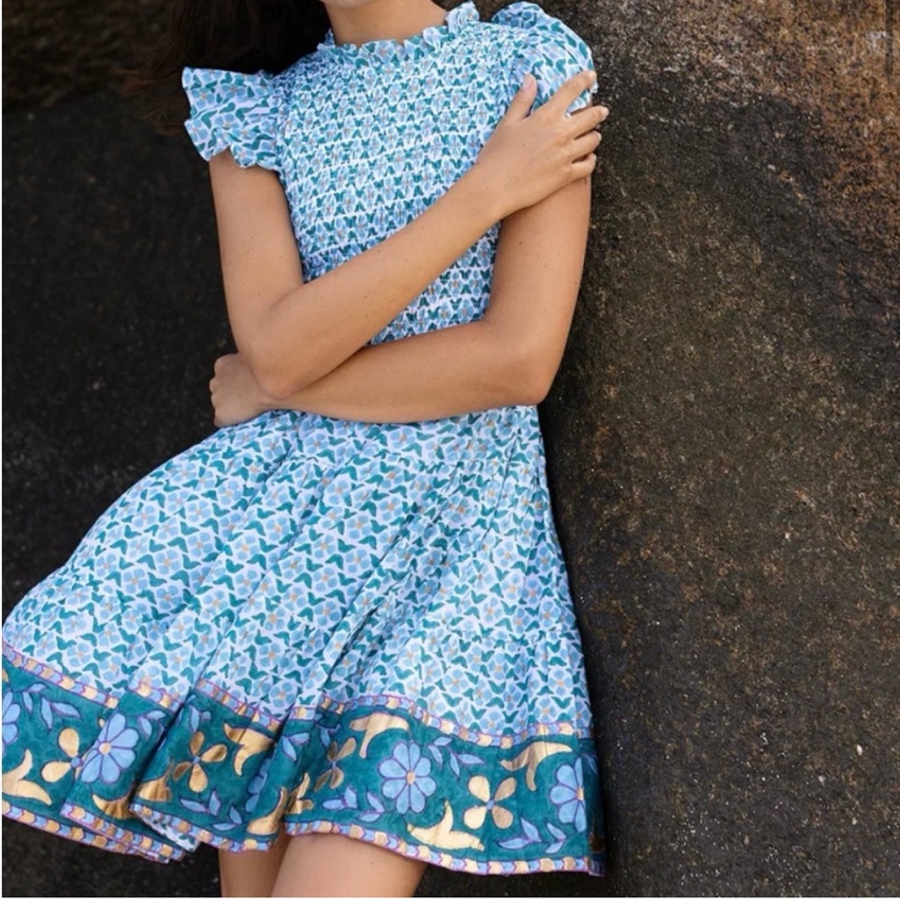 Oliphant Smocked Flirty Dress Blue/Gold XS